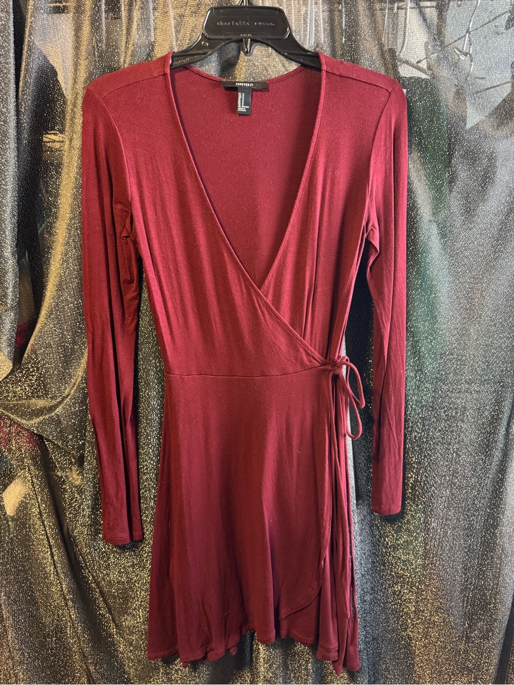 Forever 21 Burgundy Long-Sleeve Wrap Midi Dress